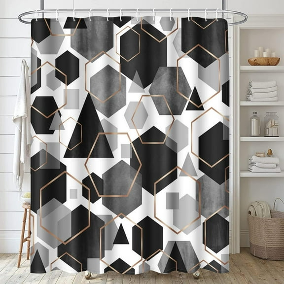 Black Shower Curtain Set, Modern Geometric Art Decor Waterproof Bath Curtain, Abstract Fabric Shower Curtain for Bathroom