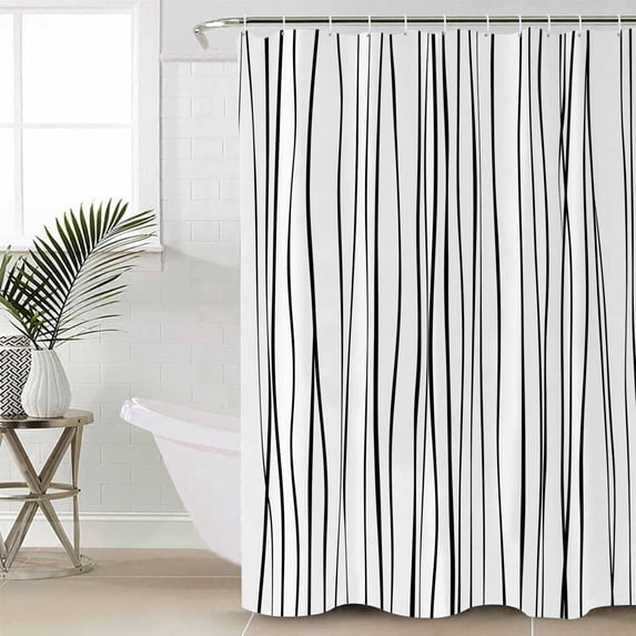 Black Shower Curtain Set, Waterproof Shower Curtains for Bathroom, Abstract Lines Gradient Minimalist Modern Texture Washable Fabric Cloth Bath Curtain for Bathtub Decoration with Hooks 60x72 Inches