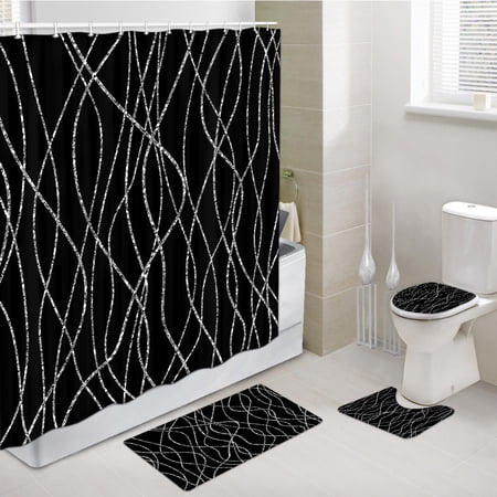 Black Shower Curtain Set With Rugs, Abstract Geometry Bathroom Curtains Mat Set With Bath Rug Mat, Contour Mat And Toilet Lid Cover