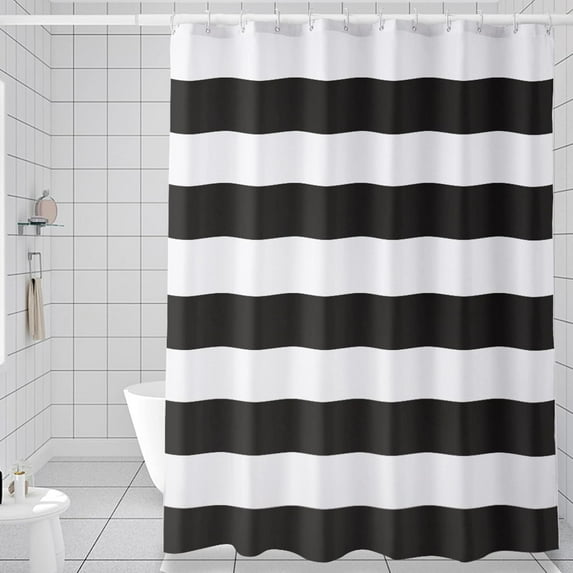 Black Shower Curtain Stripes, 72" W x 72" H Black and White Striped Shower Curtain, Fabric Shower Curtain for Bathroom, with 2 Heavy Stones