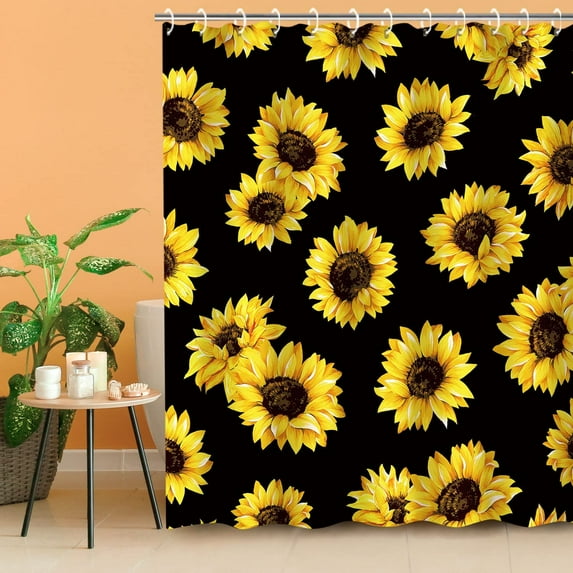 Black Shower Curtain Sunflower Shower Curtain, Floral Shower Curtain for Bathroom Flower Shower Curtains Hooks, 72''''W x 72''''H