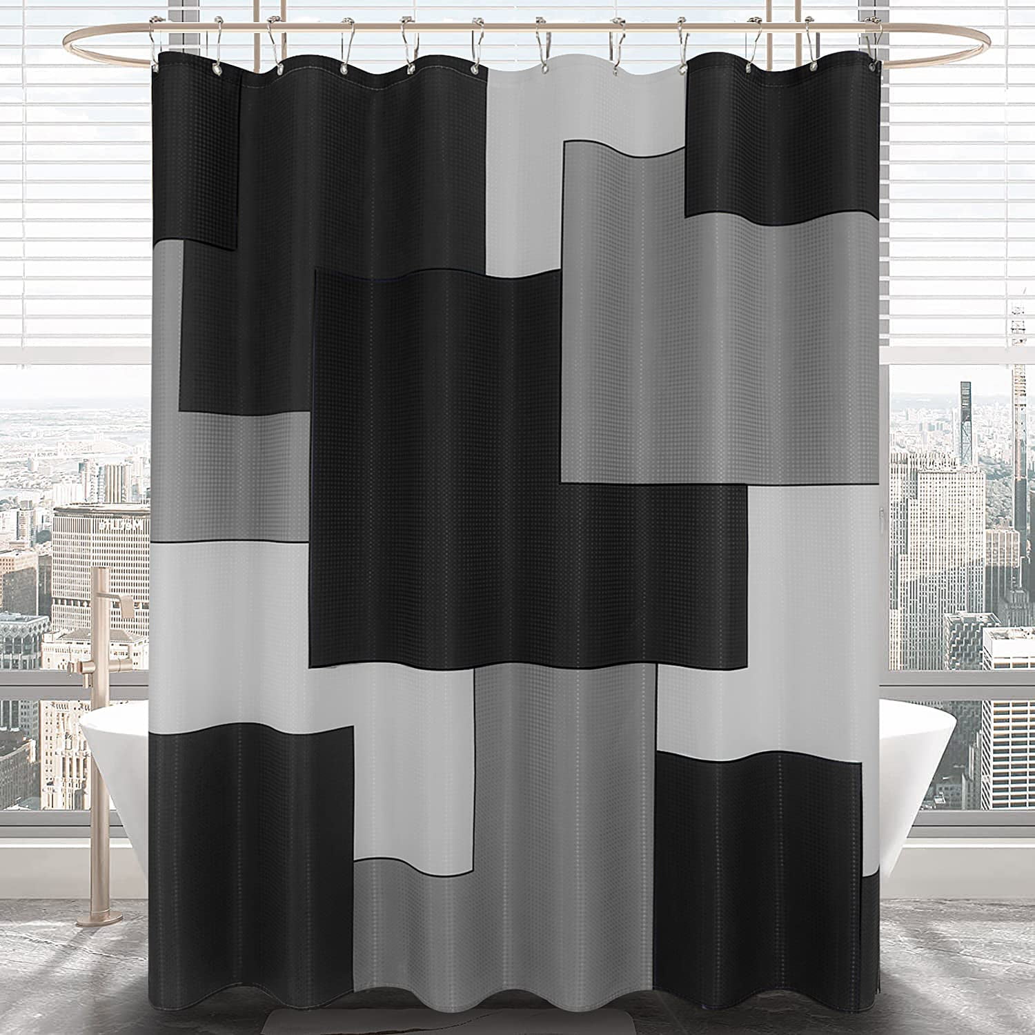 Black Shower Curtain Waffle Fabric Shower Curtain Set with Hooks Modern Black and White Grey Geometric Shower Curtains for Bathroom Water Repellent Bath Curtain for Men Bathroom Decor, 72×72 Inches