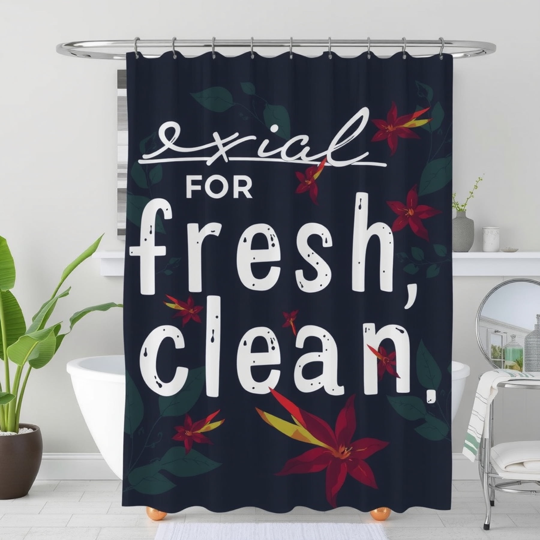 Black Shower Curtain with White Text 