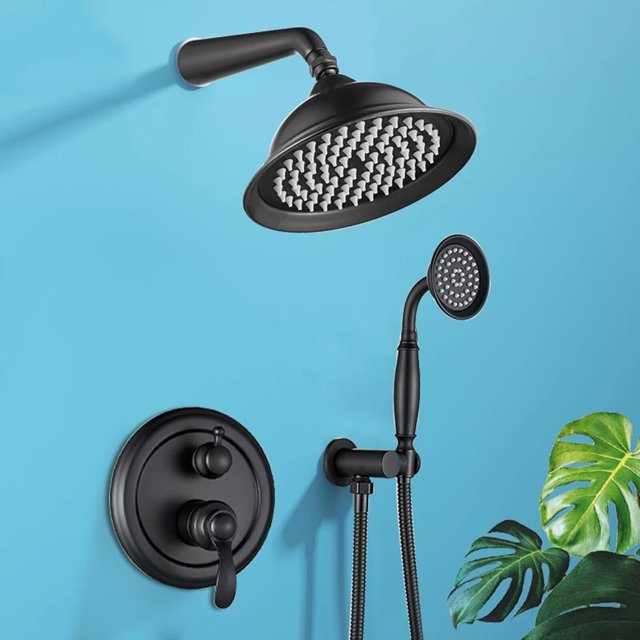 Black Shower Faucet Set 8" Round Rain Shower Head Combo Shower System