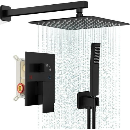 Black Shower Faucet Set, Rainfall Shower System with Square Shower Head and Handle Set, Wall Mounted Shower Fixtures, Full Metal Trim Repair Kit 10 inch Matte Black (With Shower Valve)