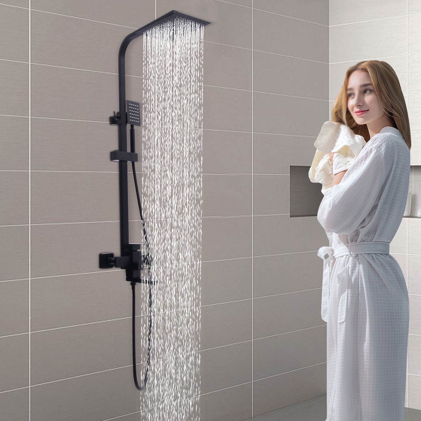 Black Shower Faucet Set System Rainfall Shower Head Handle Combo Kit ...