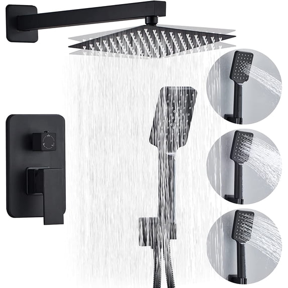 Black Shower Faucet Set, Wall Mounted Shower Set for Bathroom, 8 Inch Square High Pressure Shower Head, 3-Setting Handheld Shower Faucets Sets Complete with 2 Way Pressure Balance Shower Valve Kit