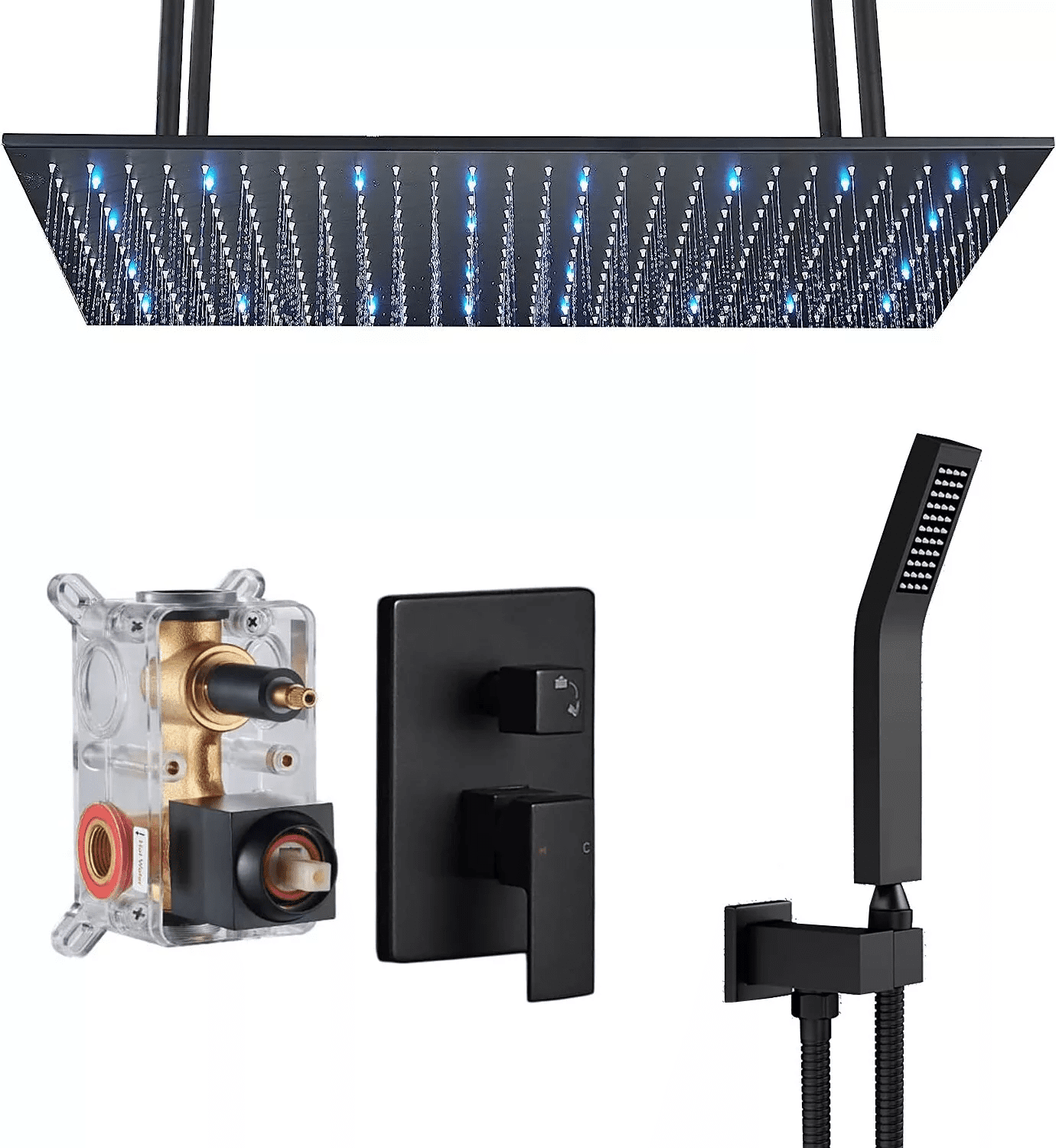 Black Shower Faucet Set with Valve 16x32 inch Rain Shower Head Combo Kit Ceiling Mount