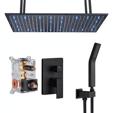 ESNBIA Matte Black 16" LED Rainfall Shower Set – Ceiling Mount – 2 Spray Patterns – Includes Valve & Hand Shower