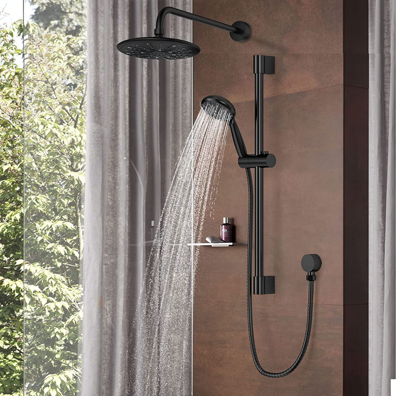 Black Shower Faucet Set with Valve, Black Shower Head and Handle Set