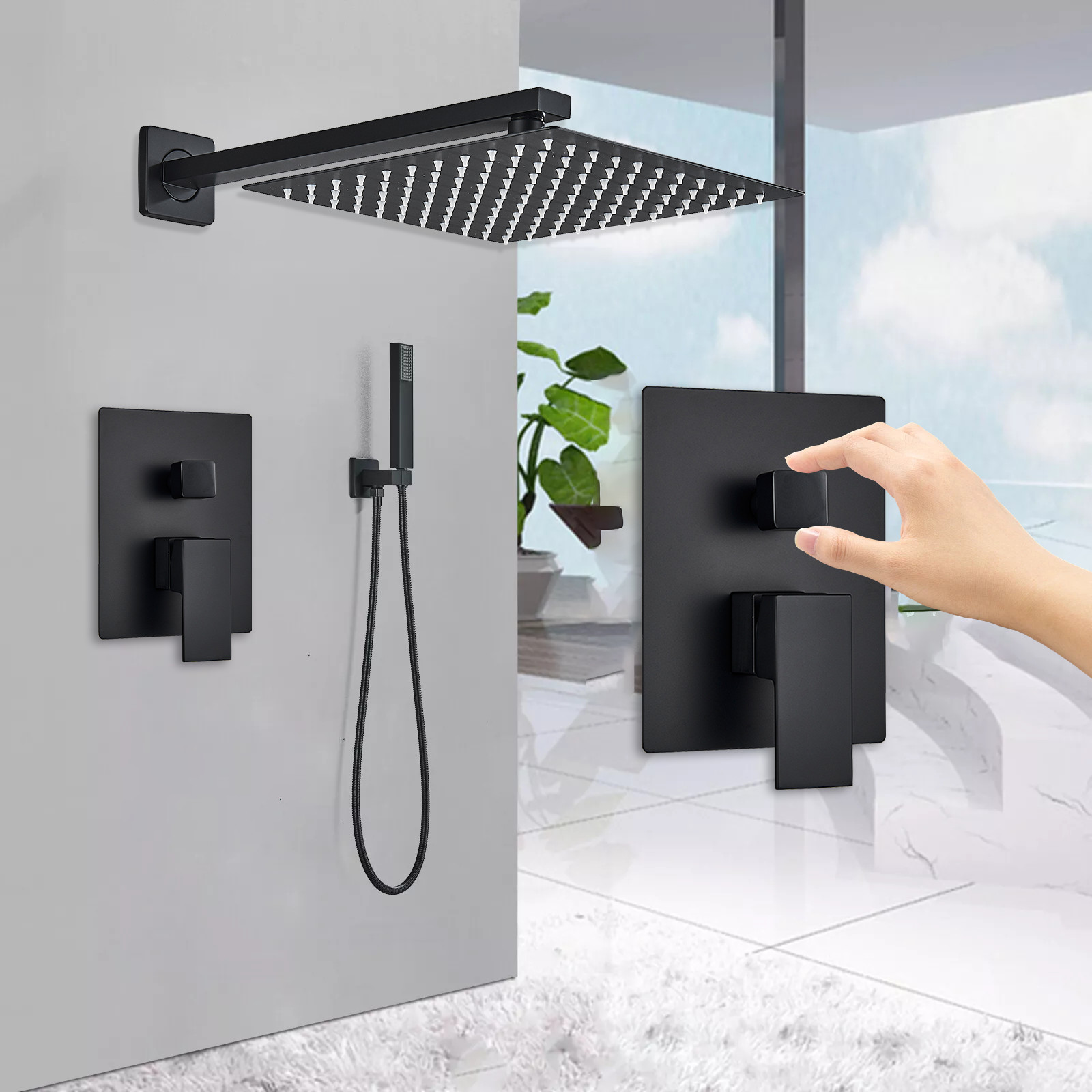 Black Shower Faucet System 8'' Rainfall Shower Head Combo Set W/ Mixer ...