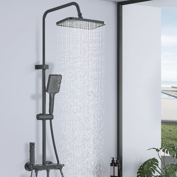 Black Shower Faucet System Exposed Shower Head Set Wall Mount Kit W/ Handshower For Daily Life