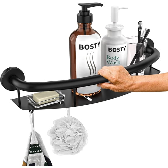 Black Shower Grab Bar Shelf 18 Inch, Stainless Steel Shampoo Shelf Grab Bar, Wall Mount Bathroom Shelves Safety Balanced Support Bar Handrail Assist Handle for Elderly Senior Handicap
