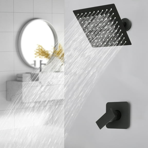 Black Shower Head with&nbsp; Stainless Steel and Ceramic Valve Core, 8x8-Inch Rotatable Head, Adjustable Installation Height, Modern Design