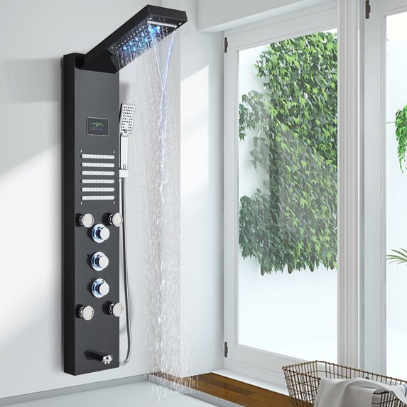 Black Shower Panel Tower Bath Column with LED Waterfall Head LED Body Jet System Hand Shower Spout Temperature Display Wall Mounted Unit