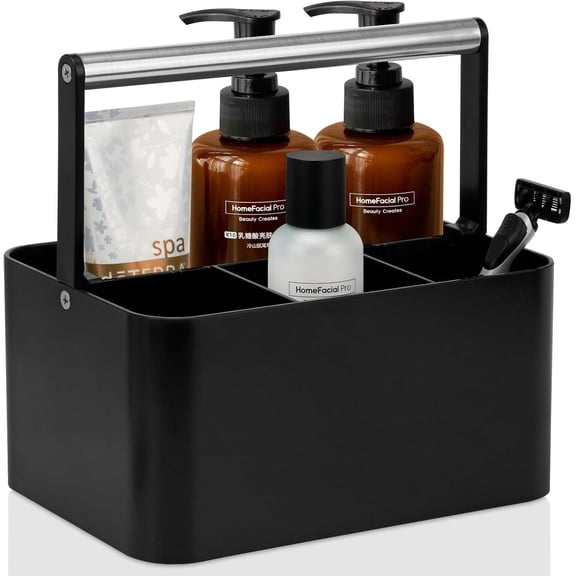 Black Shower Portable: Plastic Bathroom Countertop,Cleaning Organizer with Handle,Utility Hard Shower Basket Storage Tote for Toiletry,College Dorm Room Essential for Guys/Men