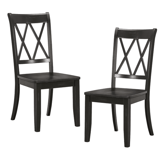 Black Side Chairs Set of 2, Pine Veneer Dining Chairs, Transitional Double-X Back Design, Casual Finish, Living Room Furniture