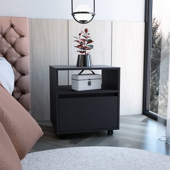 Black Side Table With Caster Wheels. Modern Design For Home. Spacious Drawer And Middle Shelf Included Nightstand Wheels, Black. Bedroom Storage Solution. Easy Assembly Required. 20.5 Inches High