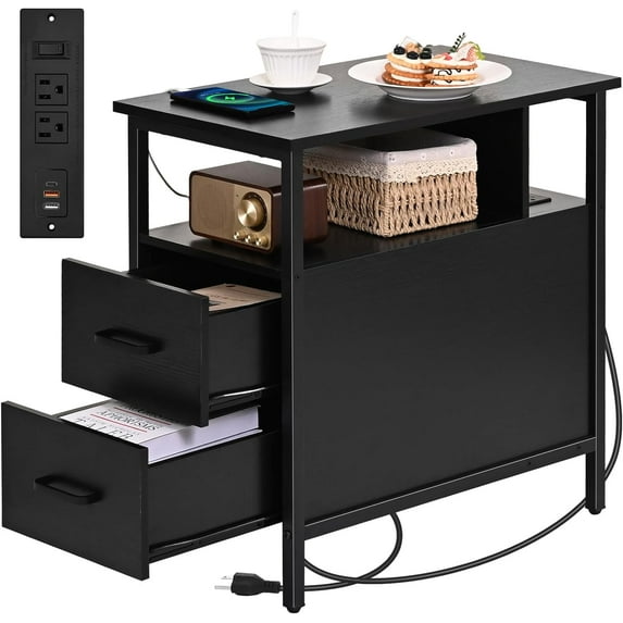 Black Side Tables, End Table with Charging Station, Narrow End Table with 2 Wooden Drawers, USB Ports and Power Outlets, Slim Nightstand and Bedside Table, End Tables Living Room, Bedroom
