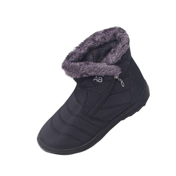 Black Side Zipper Winter Boots For Women Flat Sole Round Toe Soft Fleece Lining Comfortable Ankle-Length Casual Shoes Ideal For Daily Wear