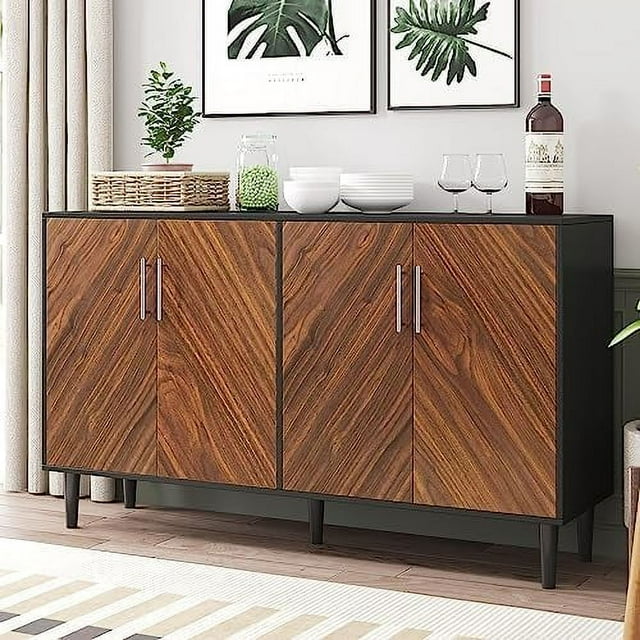 Black Sideboard Buffet 58\u2019\u2019 Accent with 4 Doors Mid Century Modern