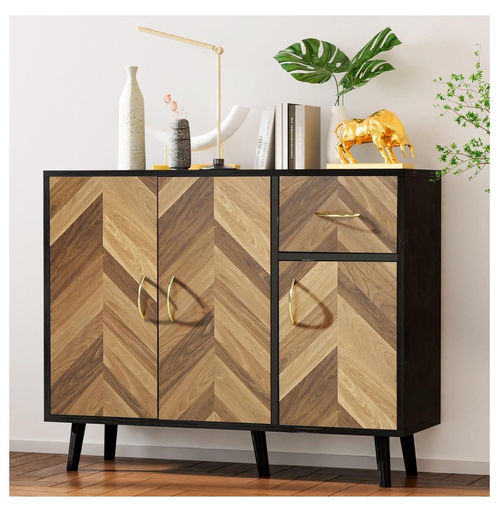 Black Sideboard with Drawer, Short Century Modern Buffet