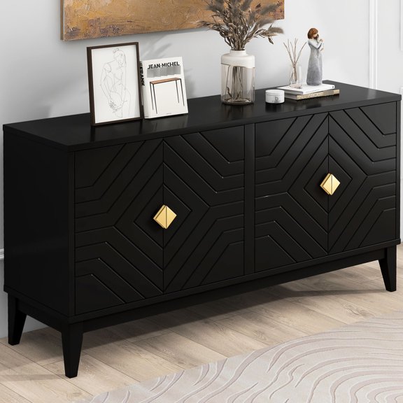 Black Sideboard with Diamond Handles and Adjustable Foot Pads | Used in Living and Dining Spaces | Guarantees Smooth Surface and Stability