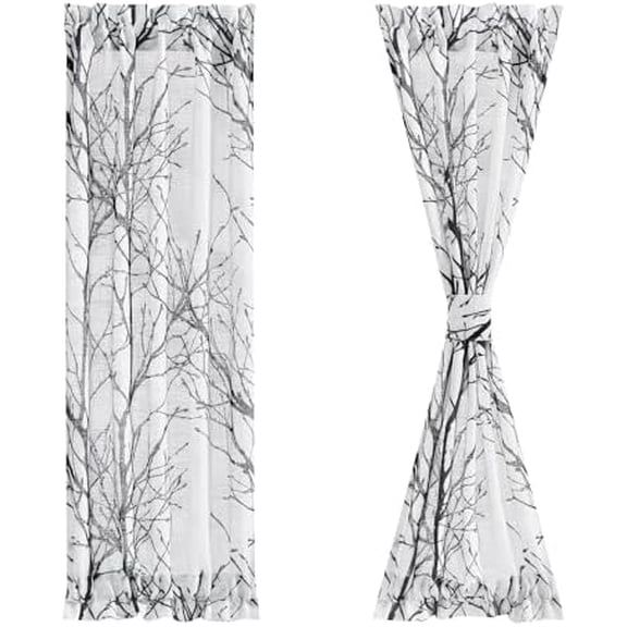 Black Sidelight French Door Panels 72 Inches Long White Semi-Sheers, Morden Tree Branch Print Curtains for Glass Doors Tieback Included 2 Panels