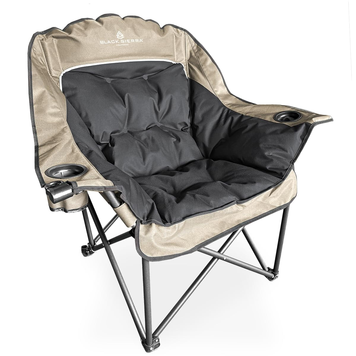 Oversized Black and Beige Padded Outdoor Folding Chair with Cup Holders