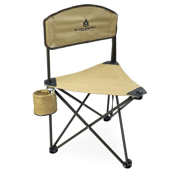 Black Sierra Tri-Lite Folding Stool with Backrest & Cup Holder, Lightweight Portable Hunting Fishing Chair with Carry Strap, Collapsible Outdoor Tripod Seat Supports 225 lbs