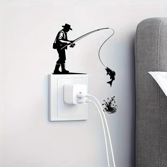 Black Silhouette Cowhide Fishing Wall Decal - Art Deco Style Self-Adhesive PVC Light Switch Sticker for Bedroom Decor