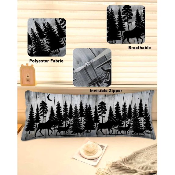 Black Silhouettes Moose Throw Pillow Covers, Forest Wooden Soft Breathable Pillow Cases with Invisible Zipper for Sleeping, Long Body Pillowcases for Couch Bed Sofa Chair 20x54 Inches