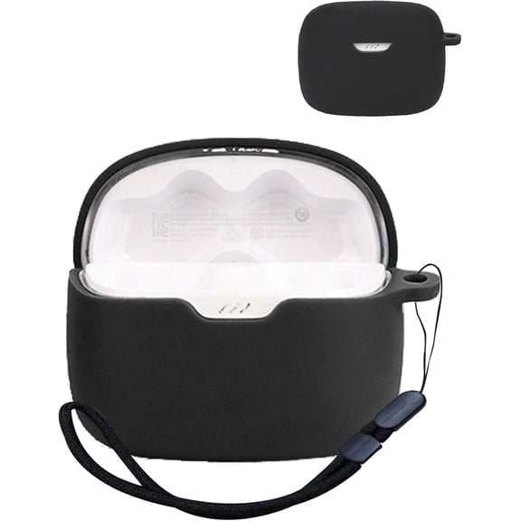 Black Silicone Case for JBL Tune 245NC ANC TWS Earbuds, Shockproof Skin-Touch Cover, Charging Port Accessible, Visible Front LED, With Lanyard