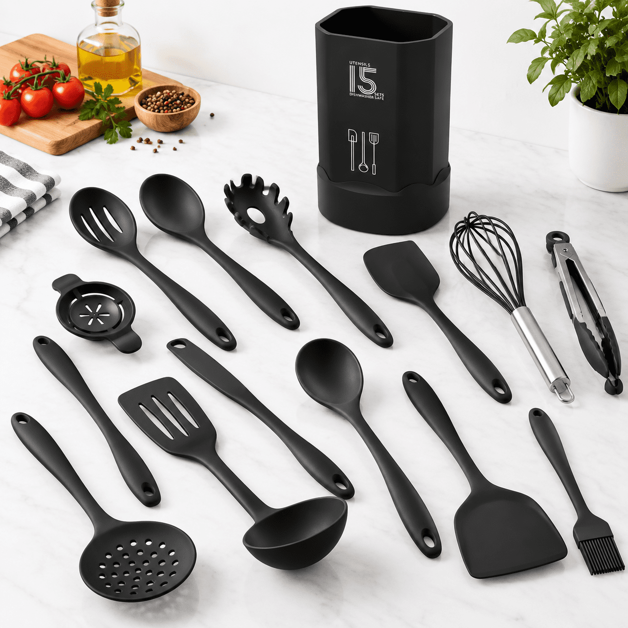 Black Silicone Cooking Utensil Set, 14-Piece Heat Resistant Kitchen ...