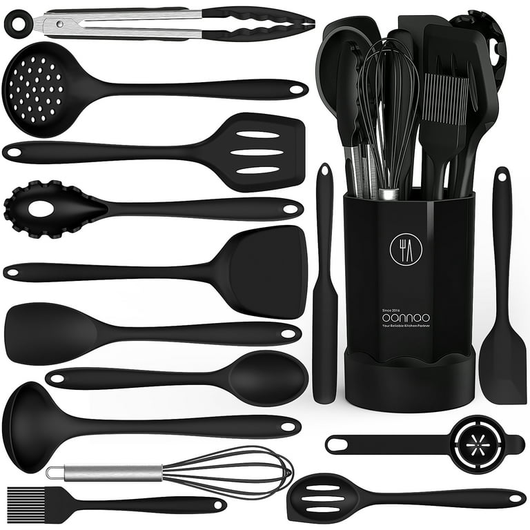 oannao 14 Pcs Silicone Cooking Utensils Kitchen Utensil Set - 446°F Heat  Resistant,Turner Tongs,Spatula,Spoon,Brush,Whisk. Wooden Handl