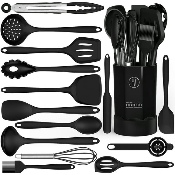 Black Silicone Cooking Utensils Set - 446°F Heat Resistant Kitchen Utensils,Turner Tongs,Spatula,Spoon,Brush,Whisk,Kitchen Utensil Gadgets Tools Set for Nonstick Cookware,Dishwasher Safe (BPA Free)
