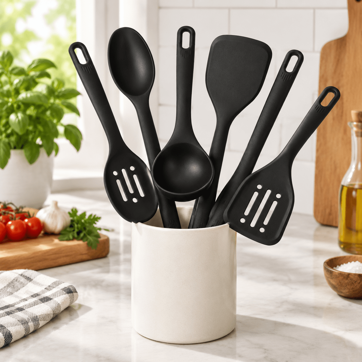 Black Silicone Kitchen Cooking Utensil Set, Heat Resistant Non-Stick ...