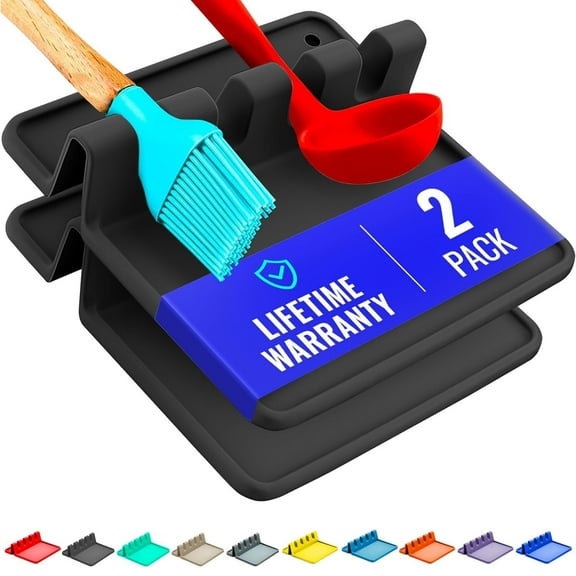 Silicone Spoon Rest for Stove Top with Drip Pad, Heat-Resistant BPA-Free Utensil Holder for Kitchen Counter, 2-Pack – Black