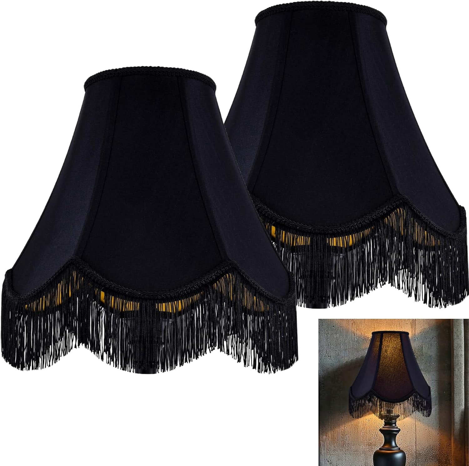 Black Silk Bell Lamp Shades Set of 2 -Petal Edge Braid with Black Fringe Trim, 6"x13"x10.6"(Spider), Classic Scalloped Lamp Shade, Replacement Lampshades for Table, Floor Lamps, Easy Assembly