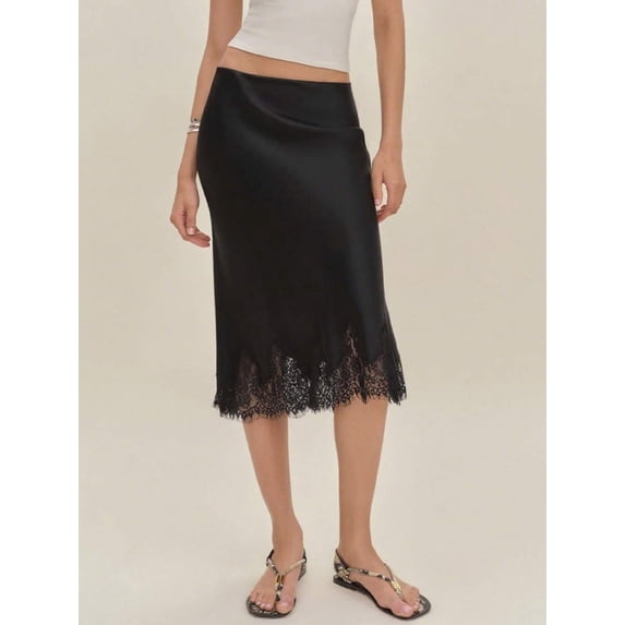 Black Silk Satin Midi Skirt With Lace Hem Elastic Waist A-Line Flowy