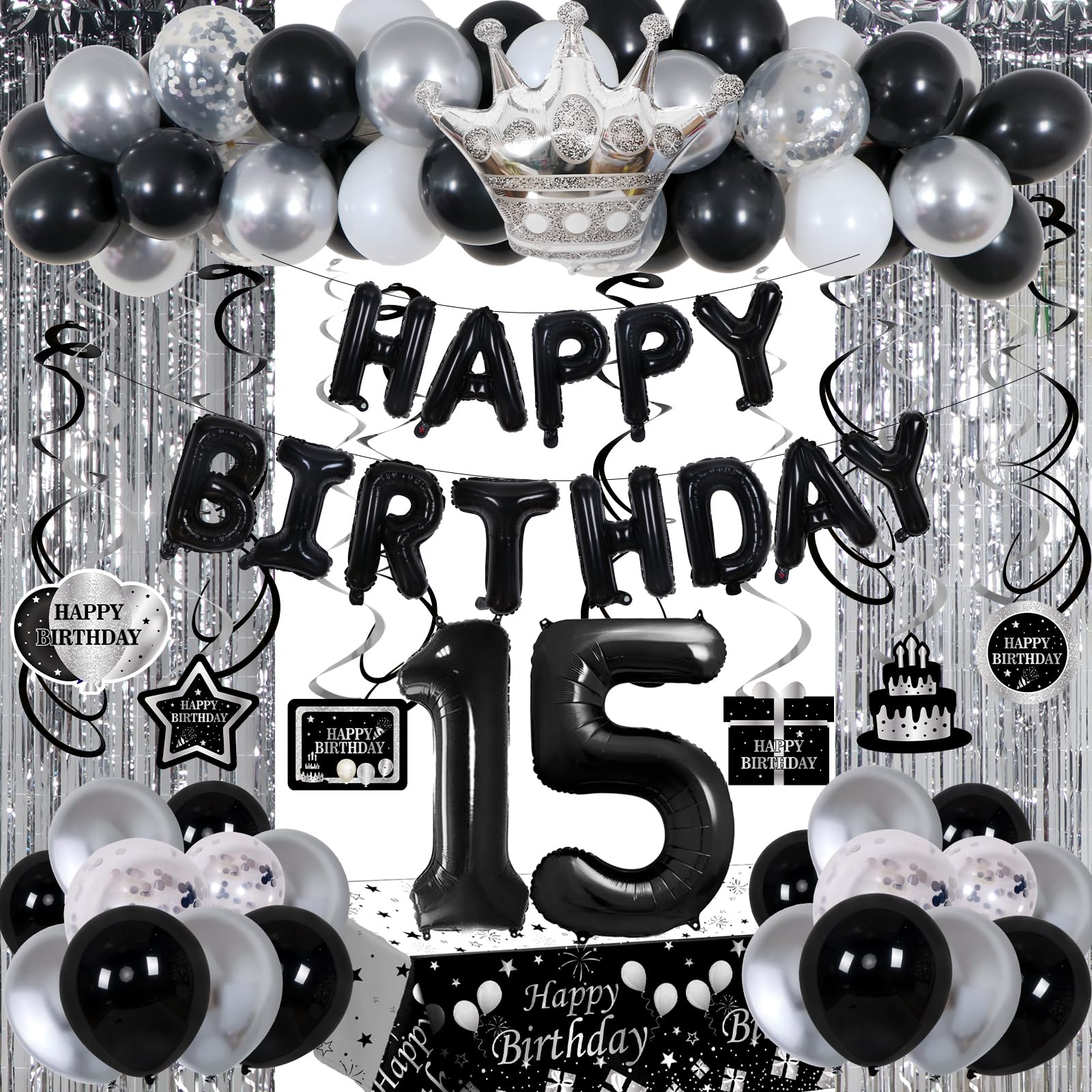 Black And Silver 16th Birthday Decorations Kit - Balloons, Fringe, Tablecloth, Banner