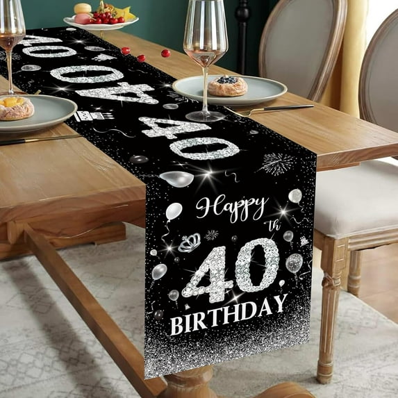 Black Silver 40th Birthday Table Runner 72 Inches Long, Celebrate 40 Years, NonSlip Dining Linen Cloth, Men/Women Anniversary Party Decor