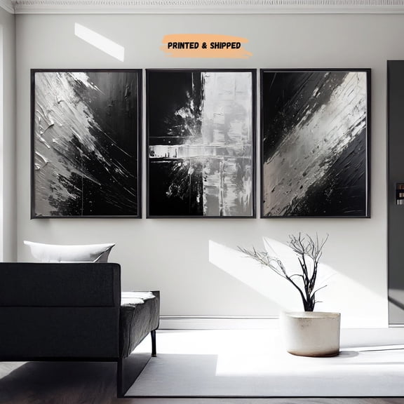 Black Silver Abstract Paint Stroke Wall Art Set 3 Unframed Paper Print 20x30