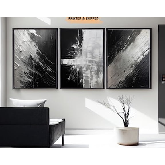 Black Silver Abstract Wall Art Set Of 3 Prints, Modern Decor