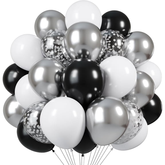 Black and Silver Balloons, 60pcs 12 Inches Black White Silver Confetti Balloons with 1 Ribbon for Birthday, Baby Shower, Wedding, and Silver Theme Party Decoration