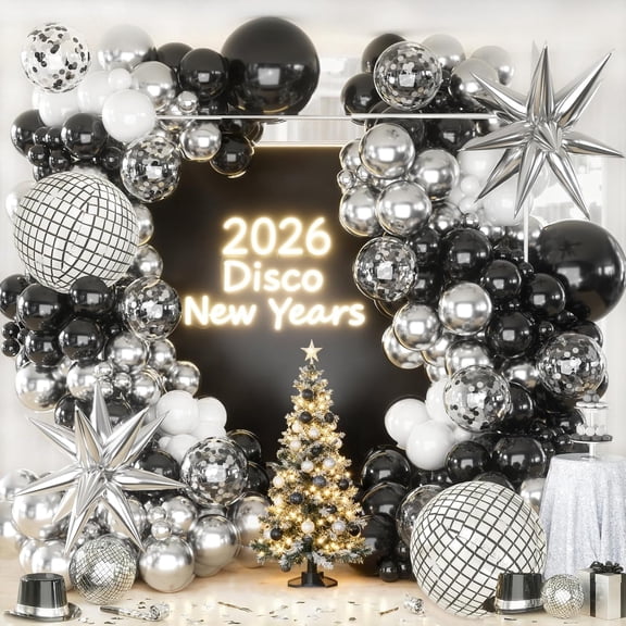 Black Silver Balloons Arch Garland Kit, Black Silver White Balloons Disco Ball Balloons Arch for Disco Party Christmas 2026 New Year's Eve Birthday Graduation Anniversary Decorations