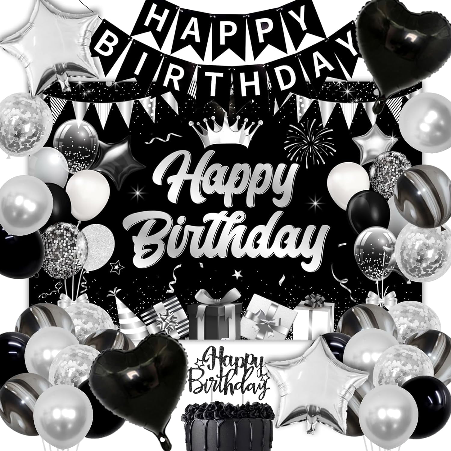 Black and Silver Birthday Decorations, Birthday Backdrop Black and