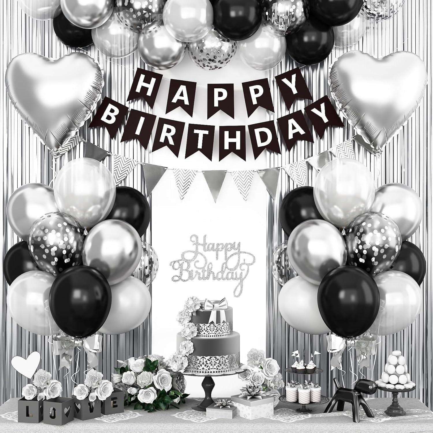 Black Silver Birthday Decorations,Happy Birthday Banner Black and Silver Balloons Fringe Curtain Heart Foil Balloons for Men Women Boys Girls