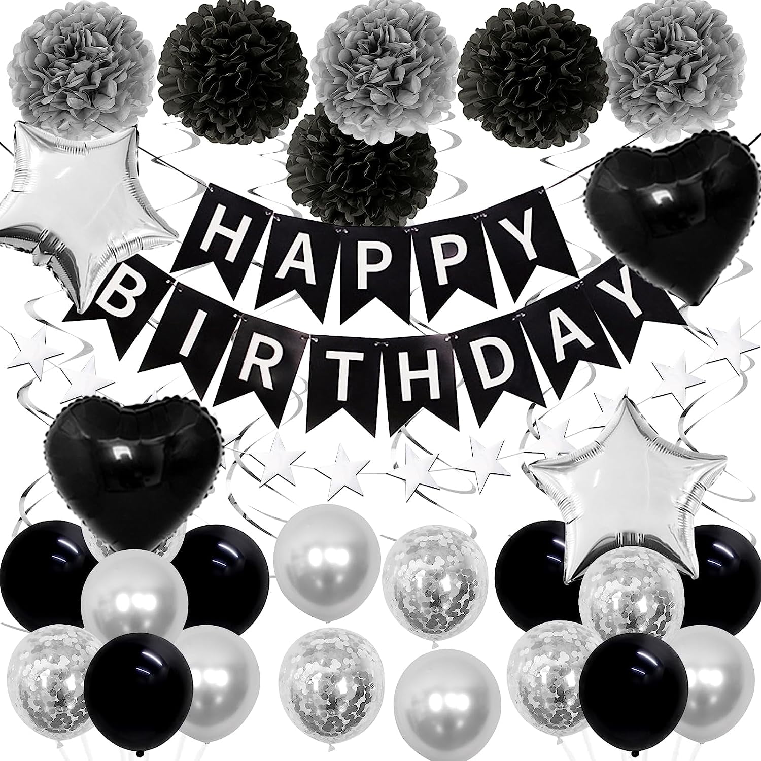 Black and Silver Birthday Decorations - Paper Pom Poms, Happy Birthday