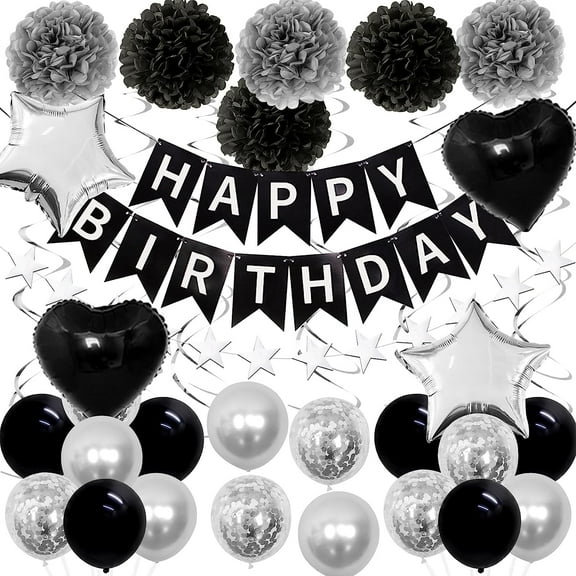 Black and Silver Birthday Decorations - Paper Pom Poms, Happy Birthday Banner, Star Garland, Hanging Swirls, Foil Balloons, Birthday Party Supplies for Men Women 16th 18th 21st 30th 40th 50th 60th